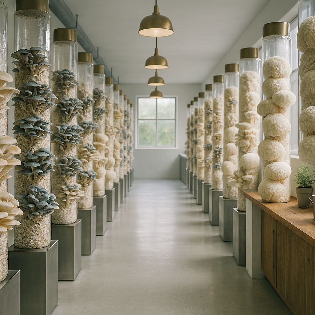 Interior of the Pharm to Body cultivation room — rows of acrylic grow columns with oyster and lion's mane mushrooms
